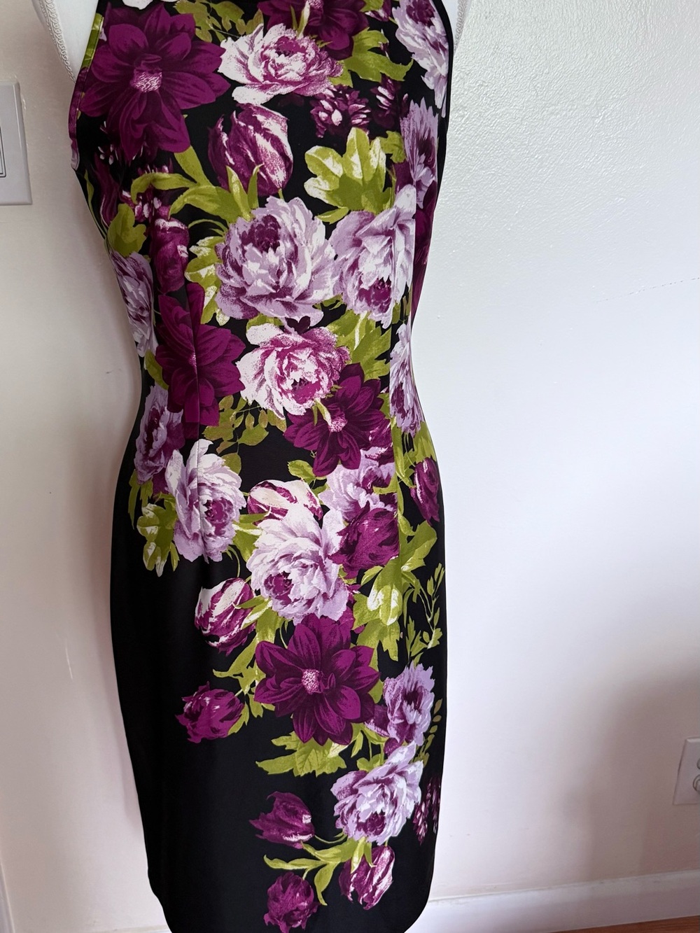 Enfocus Studio Black Midi Dress with Purple & Green Floral Print